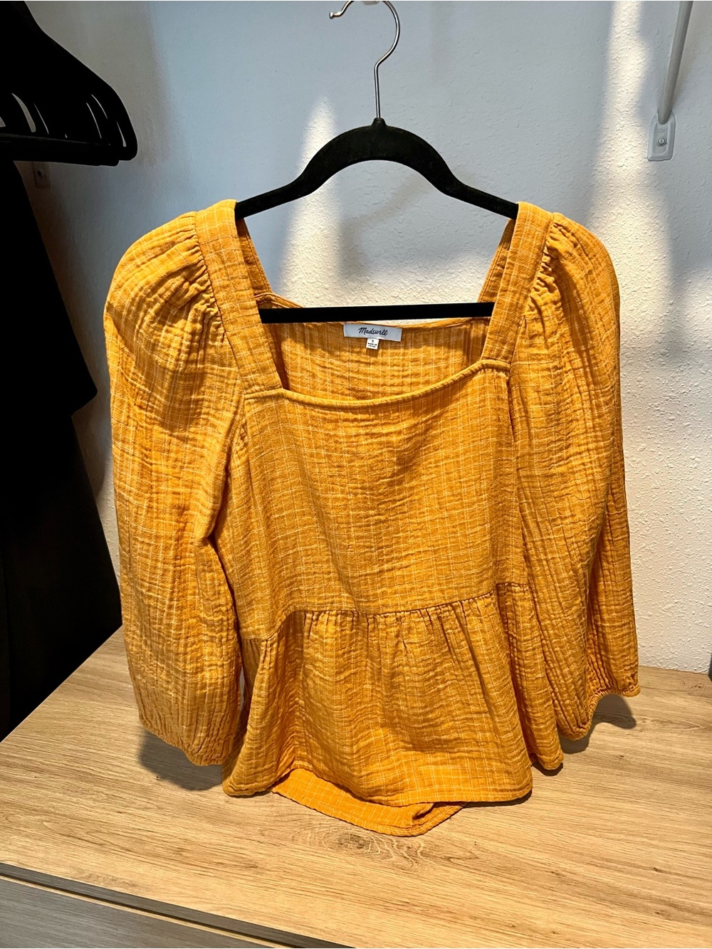 Madewell Mustard Square-Neck Puff Sleeve Peasant Top